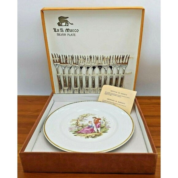 La San Marco 12 Dessert Forks & Serving Plate Silver Plated Cutlery Set Italy - Picture 1 of 10